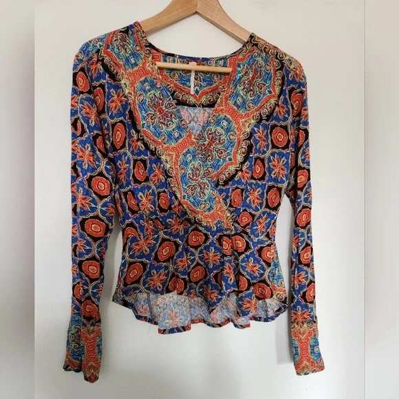 🕔 NWOT | Free People | Falling For You | Paisley Surplice Peplum | Blu/Orng | XS - Picture 7 of 7